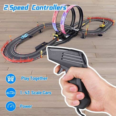 مجموعات مسارات سباق السيارات ذات الفتحات، مسار كهربائي بطول 19 قدمًا مع أضواء LED و4 سيارات ذات فتحات، 2 وحدة تحكم يدوية وعدادات لألعاب السباق، مجموعة مسار السباق تتميز بحلقة ودوران وكروس أوفر للأولاد من سن 6 إلى 12 عامًا in Kuwait