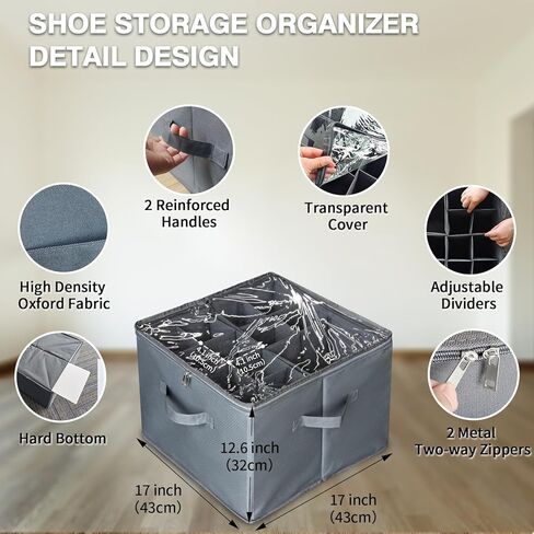 Shoe Storage Organizer for Closet, Large Fabric Shoe Box Storage Containers with Clear Cover and Adjustable Dividers for Shoe Storage, Foldable Shoe Storage Bins Fits 16 Pairs (Grey) in Kuwait