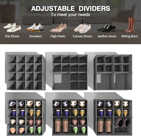 Shoe Storage Organizer for Closet, Large Fabric Shoe Box Storage Containers with Clear Cover and Adjustable Dividers for Shoe Storage, Foldable Shoe Storage Bins Fits 16 Pairs (Grey) in Kuwait