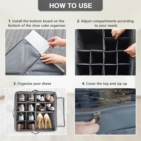 Shoe Storage Organizer for Closet, Large Fabric Shoe Box Storage Containers with Clear Cover and Adjustable Dividers for Shoe Storage, Foldable Shoe Storage Bins Fits 16 Pairs (Grey) in Kuwait