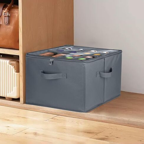 Shoe Storage Organizer for Closet, Large Fabric Shoe Box Storage Containers with Clear Cover and Adjustable Dividers for Shoe Storage, Foldable Shoe Storage Bins Fits 16 Pairs (Grey) in Kuwait