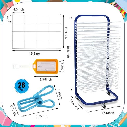 Ireer Art Drying Rack 26 Removable Shelves Mobile Paint Drying Rack with 26 Name Tag and 26 Positioning Clip for Classroom Painting Drawing Preschool Craft Artwork Storage, 14.6'' x 17.5'' x 40.6'' in Saudi Arabia