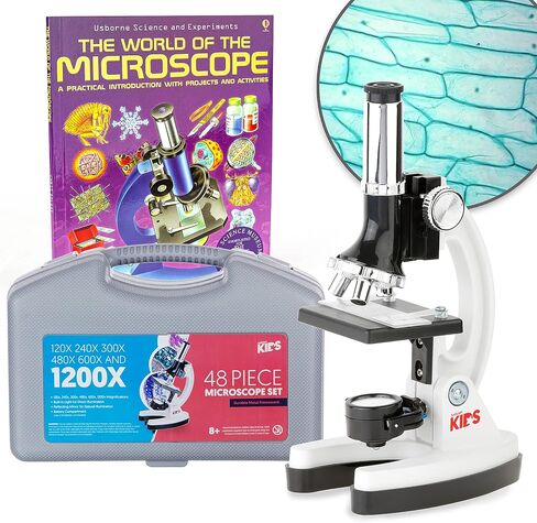 مجموعة مجهر AmScope 1200X 48 قطعة للأطفال والمبتدئين مع شرائح وإضاءة LED وصندوق حمل وكتاب عالم المجهر in Saudi Arabia