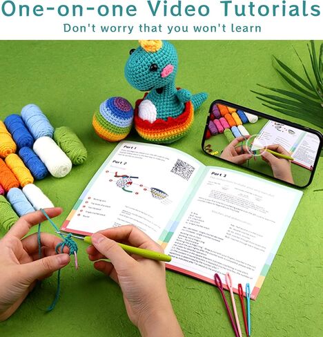 مجموعة أدوات الكروشيه للمبتدئين من FBesteam - مجموعة أدوات الحياكة للمبتدئين للبالغين والأطفال بعمر 12 عامًا فما فوق، مجموعة المبتدئين من الكروشيه تعلم الحياكة مع تعليمات خطوة بخطوة، ودروس فيديو تعليمية يمكنك صنعها بنفسك كهدية لحرف الديناصورات in Kuwait