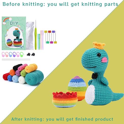 مجموعة أدوات الكروشيه للمبتدئين من FBesteam - مجموعة أدوات الحياكة للمبتدئين للبالغين والأطفال بعمر 12 عامًا فما فوق، مجموعة المبتدئين من الكروشيه تعلم الحياكة مع تعليمات خطوة بخطوة، ودروس فيديو تعليمية يمكنك صنعها بنفسك كهدية لحرف الديناصورات in Kuwait