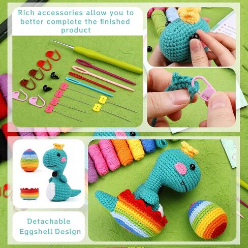 مجموعة أدوات الكروشيه للمبتدئين من FBesteam - مجموعة أدوات الحياكة للمبتدئين للبالغين والأطفال بعمر 12 عامًا فما فوق، مجموعة المبتدئين من الكروشيه تعلم الحياكة مع تعليمات خطوة بخطوة، ودروس فيديو تعليمية يمكنك صنعها بنفسك كهدية لحرف الديناصورات in Kuwait