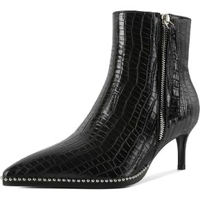 Black Ankle Boots for Women Pointey Toe Low Heel with Beads Short Boots Zipper 2.5" Ladies Dress Ankle Boots Shoes Crocodile Leather Black US Size 9