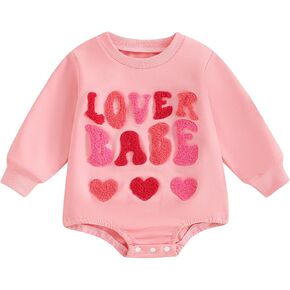 BULINGNA Infant Baby Girl Valentine's Day Romper Sweatshirt Letters Embroidery Long Sleeve Onesie Bodysuit Spring Fall Outfit