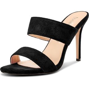 NobleOnly Womens Round Open Toe Heeled Sandals Two Strap Stiletto High Heel Sandals Backless Dress Slip-on Mules Sandals 3.9 Inches Heels