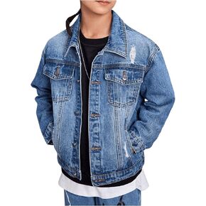 Boy's Denim Jacket Ripped Long Sleeve Button Down Jeans Jacket with Pocket