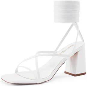 صندل نسائي من Shoe'N Tale بكعب برباط وأربطة للكاحل وكعب مكتنز وكعب مربع مفتوح عند الأصابع (6.5، أبيض) in Kuwait
