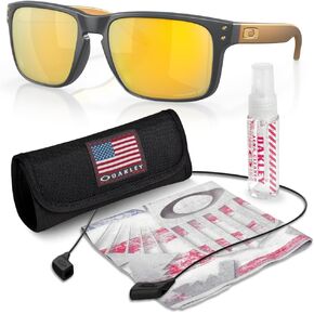 Oakley OO9102 HOLBROOK Square Sunglasses for Men - High Bridge Fit - USA Flag Cleaning Kit and Leash - PREMIUM BUNDLE
