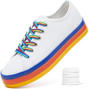 XRH White Shoes for Women Rainbow Platform Sneakers,Women Tennis Shoes Comfortable Sneaker with Colored Shoelaces,Colorful Classic Leather Shoes