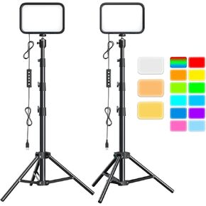 UBeesize LED Video Light Kit, 2Pcs Dimmable Continuous Portable Photography Lighting with Adjustable Tripod Stand & Color Filters for Tabletop/Low-Angle Shooting, for Zoom, Game Streaming, YouTube