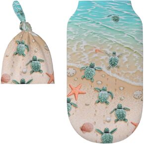 Beach Sea Turtle Baby Newborn Swaddle Blanket with Beanie Hat Set, 100% Cotton Receiving Blankets Sleep Sack for Boy & Girl Newborn Shower Gift