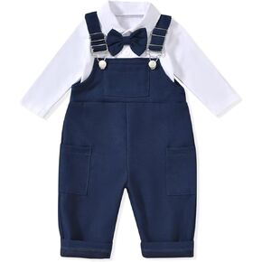 Unutiylo Baby Boy Clothes Suit 2PCS Infant Toddler Gentleman Outfits Long Sleeve Bowtie Romper + Overalls Pants 0-24 Months