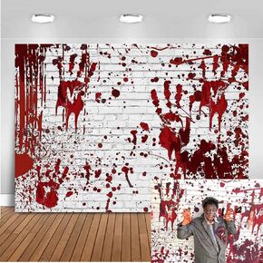 Mocsicka Halloween Backdrop Horrible Scary Bloody Brick Wall Photo Backdrops Hand-Print Bloodstain Splatter Party Decorations Banner Photography Background (7x5ft)