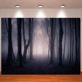 7x5ft Misty Dark Forest Backdrop for Halloween Party Decoration Scary Halloween Night Photography Backdrop Vampire Witch Wizard Background for Party Decor Kida Adults Photo Booth Props