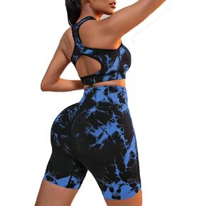 Workout Sets for Women2 Piece Tie Dye Yoga Outfit Seamless Front Zip Sports Bra with High Waist Shorts