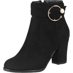 Women's Chunky Heel Ankle Boots with Zipper and Buckle