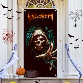 LOMIMOS Halloween Door Cover,Creepy Devil Fabric Party Decoration Sign Backdrop Photo Props for Front Door Porch Entrance Party Supplies Indoor Outdoor 6x3Ft