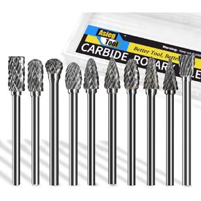 Carbide Burrs Set 1/8’’ Shank Diameter Double Cut Solid Tungsten Carbide Burrs with 1/4’’ Cutting Head Rotary File Carving Grinding Engraving Polishing Bit for Die Grinder Rotary Drill Tool 10pcs