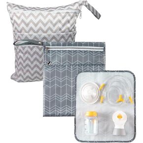 Water-proof Breast Pump Parts Bag with Place Mat and Wet Dry Diaper Bag,Wet Dry Bag for Breast Pump Parts,Diaper Bag for Diapers,Storage Wet and Dry Items Separately