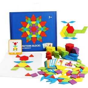 155 Pcs Wooden Pattern Blocks Christmas Stocking Stuffers Kids Toddlers, Math Games Shapes Blocks Homeschool Supplies with Cards Tangram Puzzles Montessori Educational Learning Toys for Kids Ages 4-8