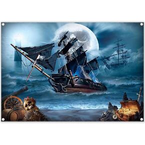 Yriujul 7x5ft Pirate Theme Photography Backdrop Halloween Nautical Adventure Background Seascape Sailing Ship Treasure Party Decorations Horror Photo Props