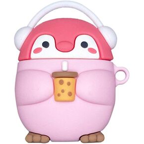 Earphone Case Compatible with AirPods 1/2, Super Cute Standing Headphone Penguin Baby with Milk Tea in Hand Case, Stylish Kawaii Soft Silicone Earbud Protection Skin -Black in Kuwait