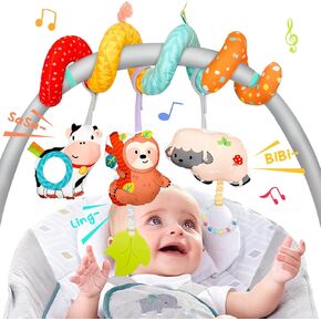 Car Seat Toys for Babies 0-6 Months Boy Girl Carseat Toys Hanging, Infant Toys Baby Toys 0-6 Months Stroller Toys Newborn Toys, Spiral Crib Hanging Toys with Cow Mirror, Sloth Teether, Sheep Rattle