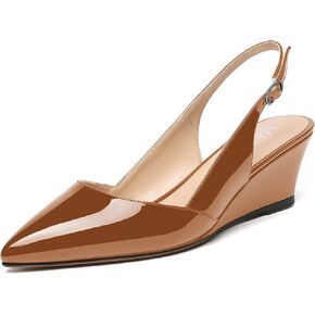 MERRORI Women's Patent Office Solid Slingback Casual Pointed Toe Buckle Wedge Low Heel Pumps Shoes 2 Inch