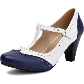 Elerhythm Women's Mary Jane Two Tone Classic and Retro Oxford Wingtip 1920s Pump Heels 1950s Vintage Round Closed Toe 1940s Ankle Strap Dress Shoes
