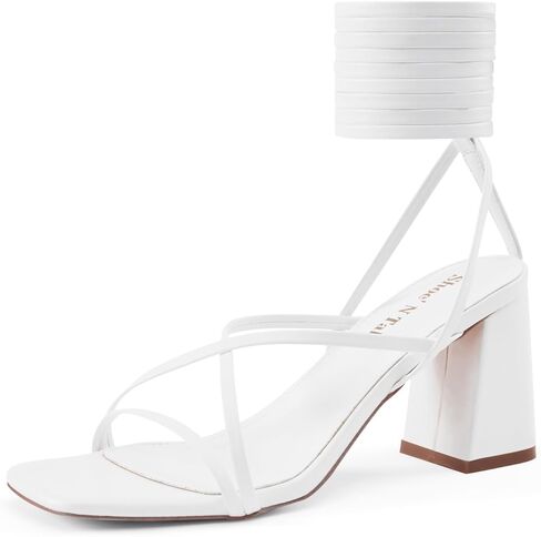 صندل نسائي من Shoe'N Tale بكعب برباط وأربطة للكاحل وكعب مكتنز وكعب مربع مفتوح عند الأصابع (6.5، أبيض) in Kuwait