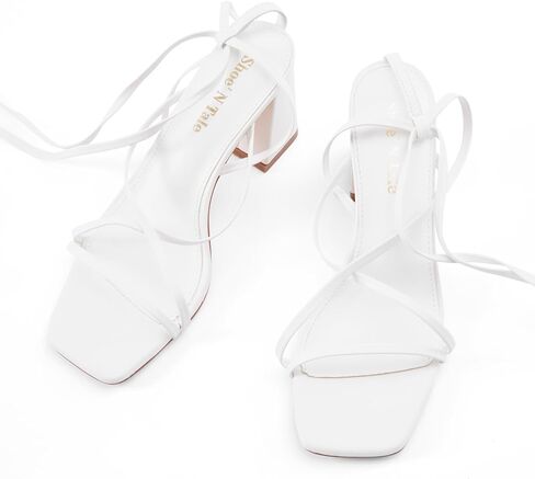 صندل نسائي من Shoe'N Tale بكعب برباط وأربطة للكاحل وكعب مكتنز وكعب مربع مفتوح عند الأصابع (6.5، أبيض) in Kuwait