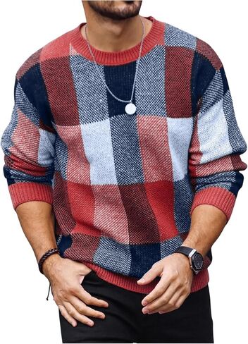 Floerns Men's Plaid Print Knitted Long Sleeve Pullovers Crewneck Sweater Top in Kuwait