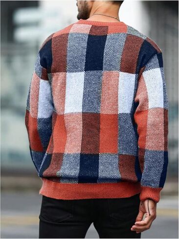 Floerns Men's Plaid Print Knitted Long Sleeve Pullovers Crewneck Sweater Top in Kuwait