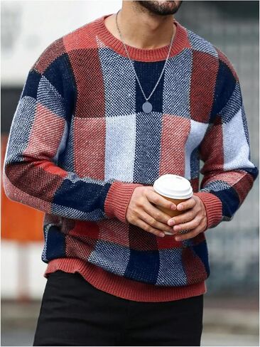 Floerns Men's Plaid Print Knitted Long Sleeve Pullovers Crewneck Sweater Top in Kuwait