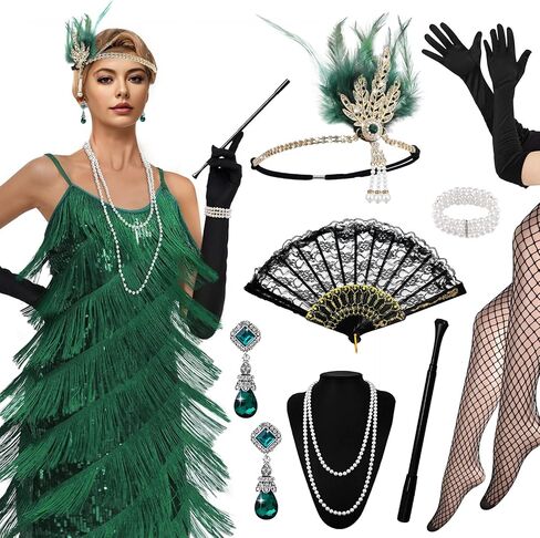 12Pcs 1920s Sequin Fringed Dress with Accessories Roaring 20's Great Gatsby Flapper Dress for Women Ladies in Saudi Arabia