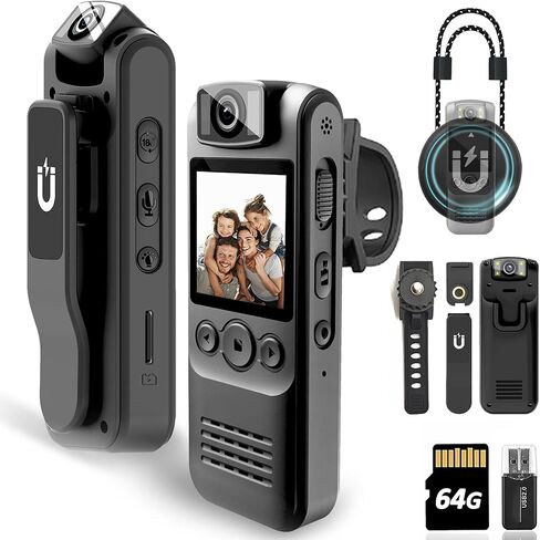 Body Camera with Audio & Video Recording- 64GB 1080P HD Police Cop Cam for Outdoor Law Enforcement Guard Travel Hike Cameras- With 1.4 in-Screen 6HR Battery Life Recorder -Magnetic Lanyard (Grey) in Kuwait