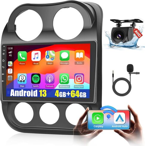 Hikity 2+64G for Jeep Compass Patriot 2010-2016 Android 13 Car Stereo Wireless Carplay Android Auto Double Din 10.1" Touch Screen Car Radio Support GPS Navigation WiFi Bluetooth FM RDS Backup Camera in Saudi Arabia
