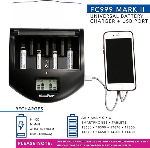 شاحن عالمي سريع من MaximalPower FC999 للبطاريات القلوية وذاكرة الوصول العشوائي وNi-MH وNi-CD وAA وAAA وC وD و9V، أسود in Kuwait