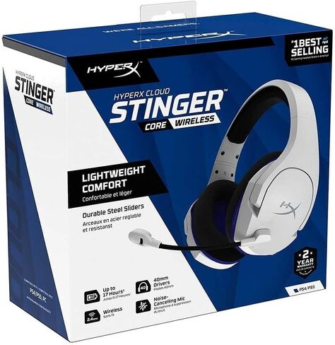 HyperX Cloud Stinger Core - سماعة رأس لاسلكية للألعاب، لأجهزة PS4، وPS5، والكمبيوتر الشخصي، وخفيفة الوزن، ومزلقات فولاذية متينة، وميكروفون لإلغاء الضوضاء - أبيض (متجدد) in Saudi Arabia