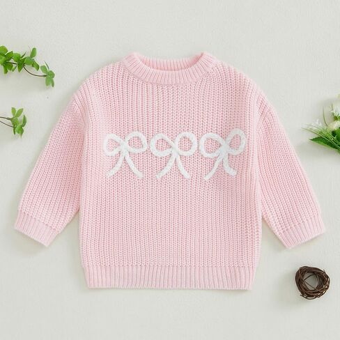 VISGOGO Toddler Baby Girl Sweater Bow Embroidery Warm Knitted Long Sleeves Pullover Infant Knitwear for Toddler in Saudi Arabia