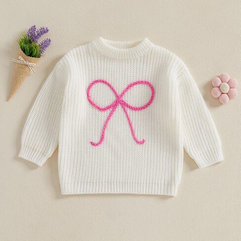VISGOGO Toddler Baby Girl Sweater Bow Embroidery Warm Knitted Long Sleeves Pullover Infant Knitwear for Toddler in Saudi Arabia