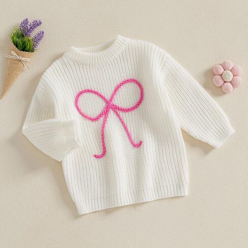 VISGOGO Toddler Baby Girl Sweater Bow Embroidery Warm Knitted Long Sleeves Pullover Infant Knitwear for Toddler in Saudi Arabia