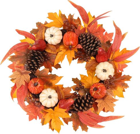 Fall Wreaths for Front Door, hogardeck 20" Fall Wreath with Pumpkins, Berries, Sunflowers, Artificial Maple Leaves & Pine Cones, Autumn Fall Decorations for Home, Window, Wall, Thanksgiving Decor in Saudi Arabia