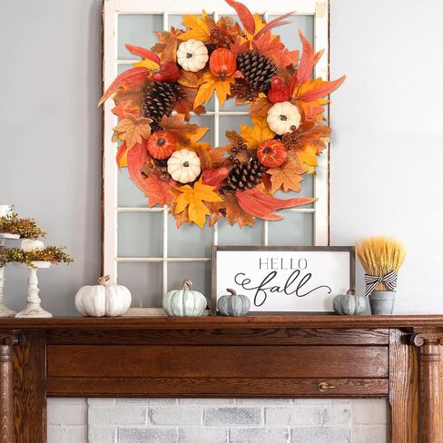 Fall Wreaths for Front Door, hogardeck 20" Fall Wreath with Pumpkins, Berries, Sunflowers, Artificial Maple Leaves & Pine Cones, Autumn Fall Decorations for Home, Window, Wall, Thanksgiving Decor in Saudi Arabia
