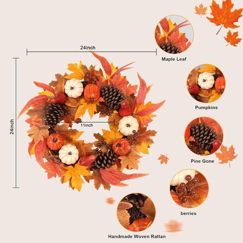 Fall Wreaths for Front Door, hogardeck 20" Fall Wreath with Pumpkins, Berries, Sunflowers, Artificial Maple Leaves & Pine Cones, Autumn Fall Decorations for Home, Window, Wall, Thanksgiving Decor in Saudi Arabia