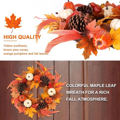 Fall Wreaths for Front Door, hogardeck 20" Fall Wreath with Pumpkins, Berries, Sunflowers, Artificial Maple Leaves & Pine Cones, Autumn Fall Decorations for Home, Window, Wall, Thanksgiving Decor in Saudi Arabia